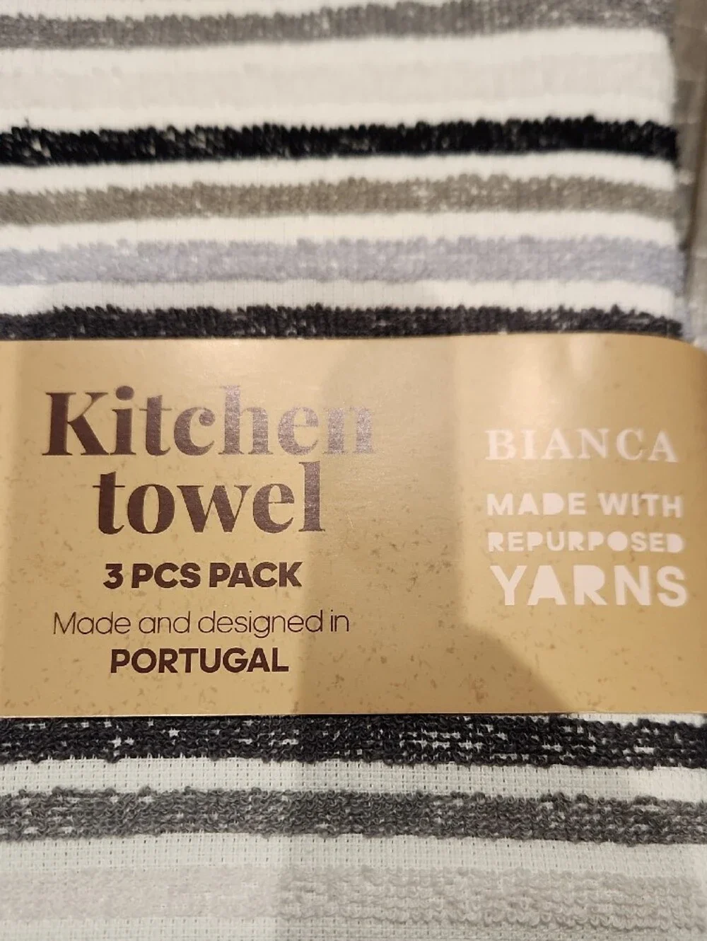 NWT Bianca Striped Kitchen Towels - 3 Pack (White, Black, & Gray)